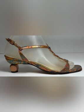 Vintage Timothy Hitsman Metallic Geometric Cube Heel Sandals - 8.5N